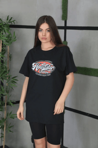 Kadın Kısa Kol Yazlık Tişört Bisiklet Yaka Baskılı Oversize T-Shirt - Siyah