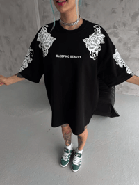 Kadın Kısa Kol Yazlık Tişört Bisiklet Yaka Baskılı Oversize T-Shirt - Siyah