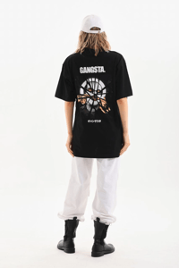 Kadın Kısa Kol Yazlık Tişört Bisiklet Yaka Baskılı Oversize T-Shirt - Siyah