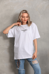 Kadın Kısa Kol Yazlık Tişört Bisiklet Yaka Baskılı Oversize T-Shirt - Beyaz