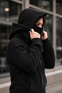Kadın Maskeli Ninja Model Çift Kapüşonlu 3 İplik Şardonlu Fermuarlı Oversize Sweatshirt - Siyah