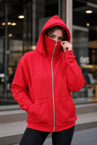 Kadın Maskeli Ninja Model Çift Kapüşonlu 3 İplik Şardonlu Fermuarlı Oversize Sweatshirt - Kırmızı