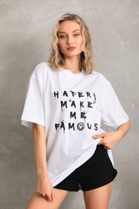Kadın ön ve arka Baskılı Oversize Kısa kol  T-Shirt - Beyaz