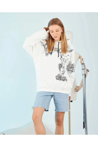 Kadın Oversize Kapüşonlu Baskılı 3 İplik Pamuklu Hoodie Sweatshirt - B