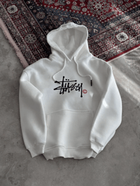 Kadın Oversize Kapüşonlu Cepli Baskılı 3 İplik Pamuklu Hoodie Sweatshirt - Beyaz