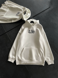 Kadın Oversize Kapüşonlu Cepli Baskılı 3 İplik Pamuklu Hoodie Sweatshirt - Beyaz