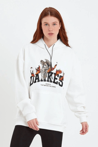 Kadın Oversize Kapüşonlu Cepli Baskılı 3 İplik Pamuklu Hoodie Sweatshirt - Beyaz