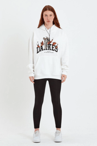 Kadın Oversize Kapüşonlu Cepli Baskılı 3 İplik Pamuklu Hoodie Sweatshirt - Beyaz
