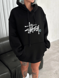Kadın Oversize Kapüşonlu Cepli Baskılı 3 İplik Pamuklu Hoodie Sweatshirt - Siyah