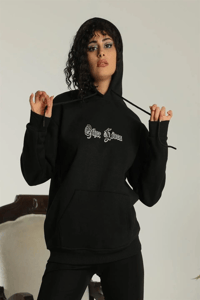 Kadın Oversize Kapüşonlu Cepli Baskılı 3 İplik Pamuklu Hoodie Sweatshirt - Siyah