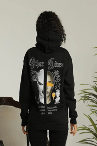 Kadın Oversize Kapüşonlu Cepli Baskılı 3 İplik Pamuklu Hoodie Sweatshirt - Siyah