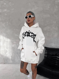 Kadın Oversize Kapüşonlu Cepli Baskılı 3 İplik Pamuklu Hoodie Sweatshirt - Beyaz