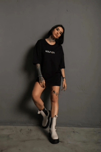 Kadın Oversize Tişört Golf GTI Retro Araba Baskılı T-shirt - Siyah