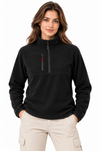 Kadın Polar Dik Yaka Yarım Fermuarlı Fermuarlı Göğüs Cepli Regular Fit Kışlık Sweatshirt - Siyah
