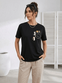 Kadın Sevimli Kedi Cep Baskılı Tişört Kısa Kol Yazlık T-Shirt - Siyah