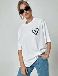 Kadın Tişört Bisiklet Yaka Baskılı Oversize T-Shirt - Beyaz