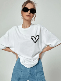 Kadın Tişört Bisiklet Yaka Baskılı Oversize T-Shirt - Beyaz