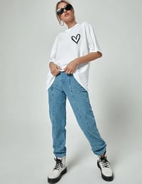 Kadın Tişort Kalp Baskılı Bisiklet yaka Kısa kol T-Shirt - Beyaz
