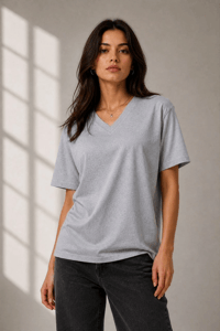 Kadın V Yaka Basic Tişört Kısa Kol Yazlık Regular Fit T-Shirt - Gri
