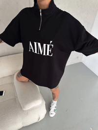 Kadın Yarım Fermuarlı Tişört Baskılı T-Shirt - Siyah