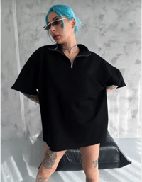 Kadın Yarım Fermuarlı Tişört Düz Oversize T-Shirt - Siyah