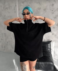 Kadın Yarım Fermuarlı Tişört Düz Oversize T-Shirt - Siyah