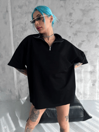Kadın Yarım Fermuarlı Tişört Kısa kol T-Shirt - Siyah