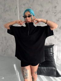 Kadın Yarım Fermuarlı Tişört Kısa kol T-Shirt - Siyah