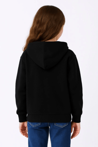 Kız Çocuk Kapüşonlu Kanguru Cepli Tam Fermuarlı Hırka Sweatshirt - Siyah