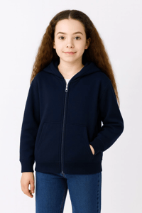 Kız Çocuk Kapüşonlu Kanguru Çepli Tam Fermuarlı Hırka SweatShirt - Lacivert