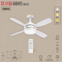 Cata CT-1155 Karayel Fan LED 82W Kumandalı Işıklı  Vantilatör Tavana Monteli 