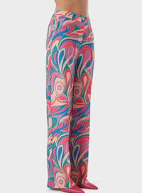 Mizalle Retro Soyut Desenli Düz Paça Kadın Pantolon Bej/Pembe
