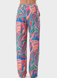 Mizalle Retro Soyut Desenli Düz Paça Kadın Pantolon Bej/Pembe