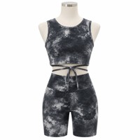 Penti Desenli Siyah-Gri Crop Top ve Kısa Tayt Takımı