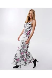 Twist Floral Desenli İnce Askılı Uzun Saten Elbise Beyaz