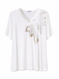 KADIN ALTIN VARAK BASKILI TAŞLI V YAKA T-SHIRT