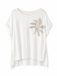 KADIN LİKRALI NAKIŞ DETAYLI DÜŞÜK KOL T-SHIRT