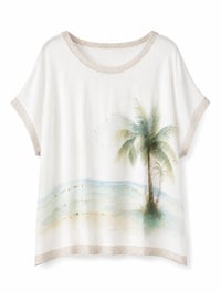 KADIN PALMİYE BASKILI DÜŞÜK KOL T-SHIRT