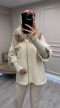 Etrucci 7210 Açık Bej Kürklü Angora Kısa Kaban