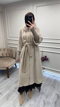 Etrucci 7211 Koyu Bej Fermuar Triko ve Kürk Detaylı Angora Kaban