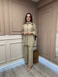 Lisa Exclusive 5078 Bej Çizgili Keten Takım