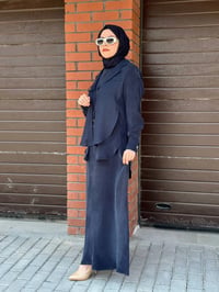 Miss Dalida 2260262 Lacivert Bağlama Detaylı Keten Ceket - Elbise Takımı