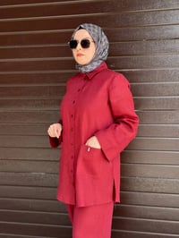 Miss Dalida 2263256 Cherry Minimal Nakışlı Cepli Keten Gömlek