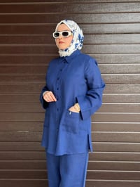 Miss Dalida 2263256 Mavi Minimal Nakışlı Cepli Keten Gömlek