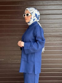 Miss Dalida 2263256 Mavi Minimal Nakışlı Cepli Keten Gömlek