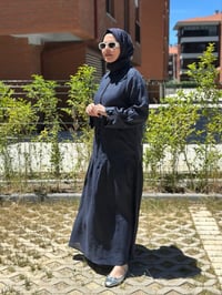 Miss Dalida 2264255 Lacivert Gömlek Yaka Bekletme Detaylı Keten Elbise