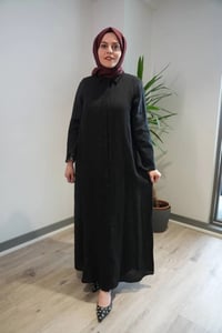 Miss Dalida 2264258 Siyah Kolları Nakışlı Uzun Keten Elbise