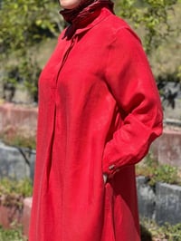 Miss Dalida 2264351 Kırmızı Gömlek Yaka İpek Keten Uzun Elbise