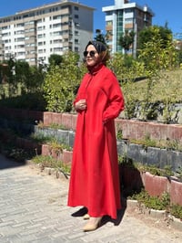 Miss Dalida 2264351 Kırmızı Gömlek Yaka İpek Keten Uzun Elbise