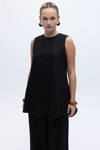 Miss Dalida 2266251 Siyah Kolsuz Düz Renk Keten Tunik